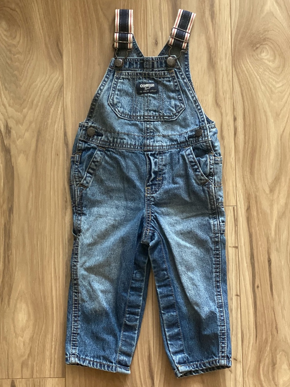 OshKosh B'gosh Classic Denim Overalls with Striped Straps - Size 12-18 Months
